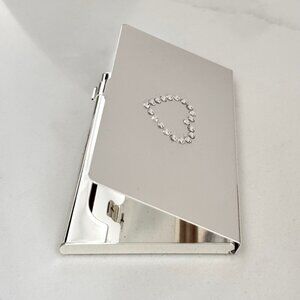 Silver Business Sterling Plate Card Holder Wallet Desk Stand w Crystal Heart NEW